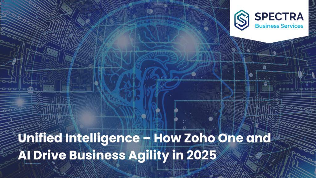 Zoho One apps connected with AI-driven analytics and automation.